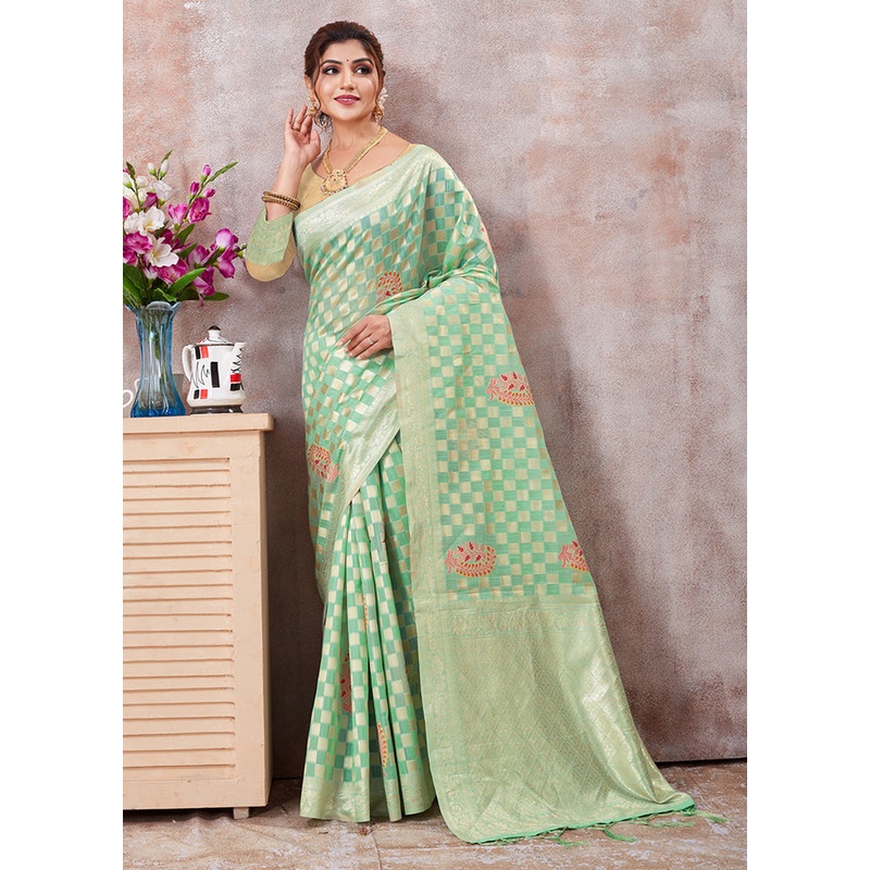 Sea Green Kota Cotton Saree With Blouse Piece - JD986581217