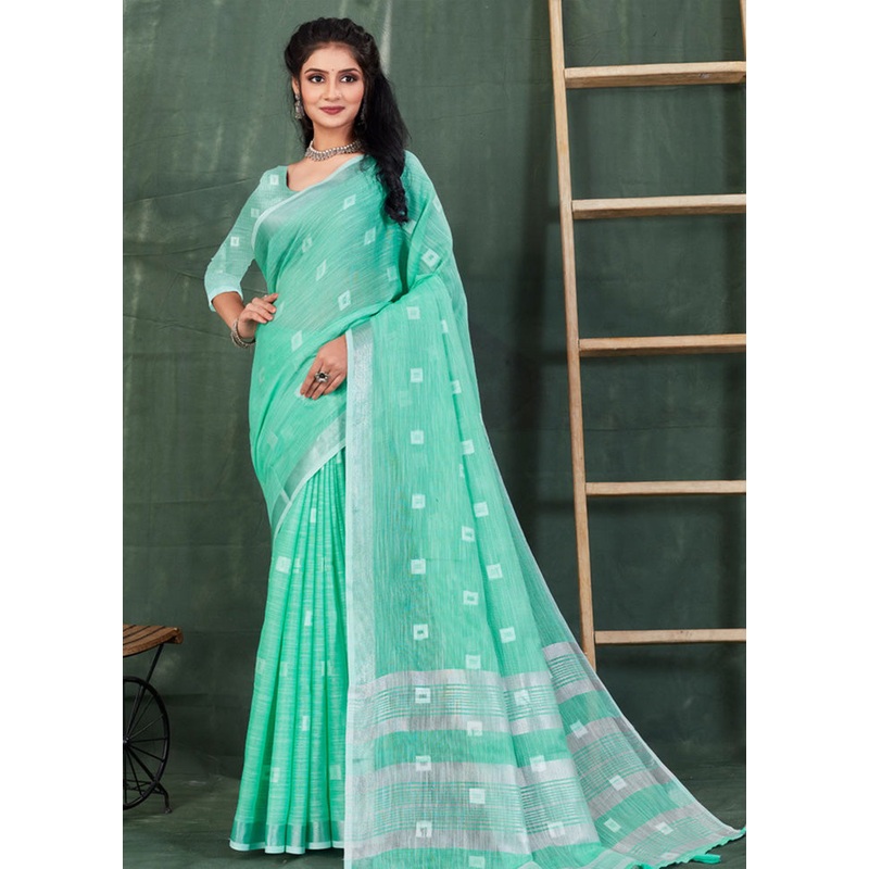 Sea Green Linen Silk Saree With Blouse Piece - JD986581216