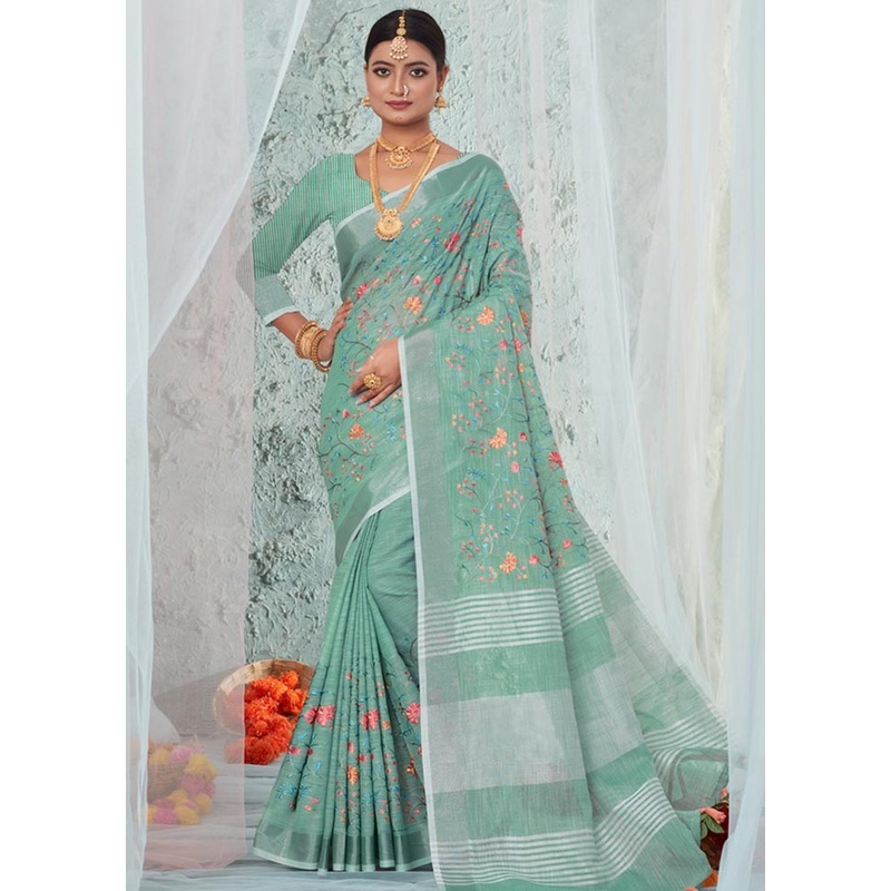Sea Green Linen Silk Saree With Blouse Piece - JD986581219