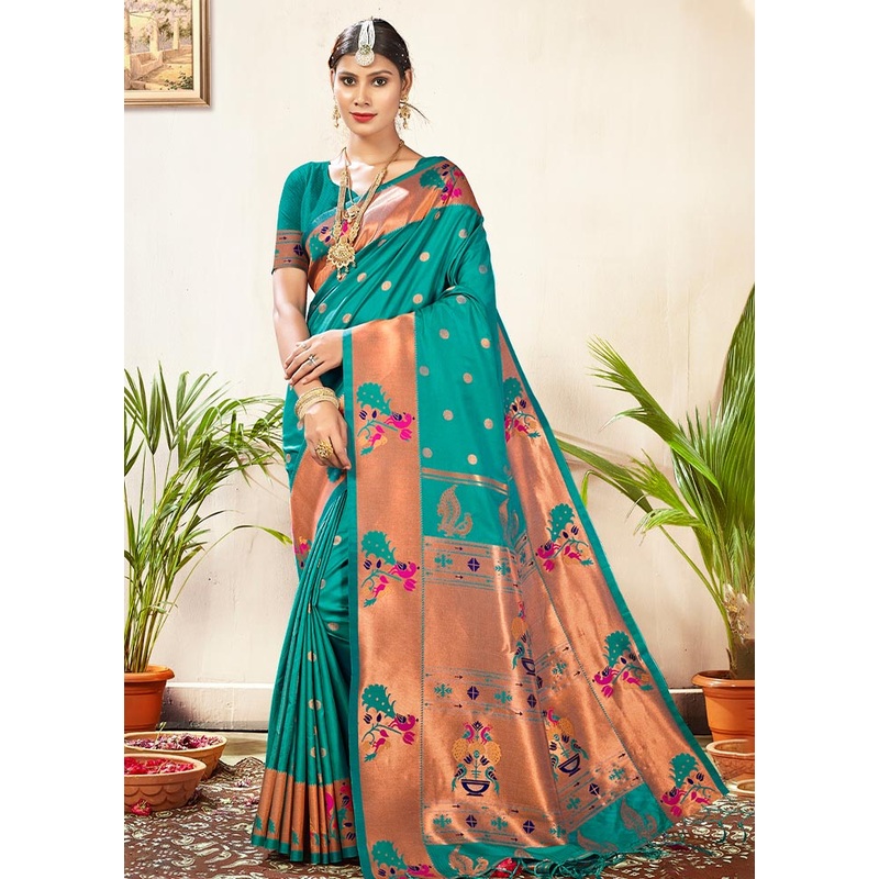 Sea Green Paithani Silk Saree With Blouse Piece - JD986581221