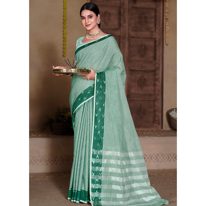 Sea Green Silk Saree With Blouse Piece - JD986581220