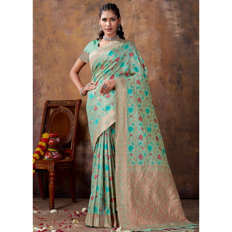 Sea Green Spun Silk Saree With Blouse Piece - JD986581239