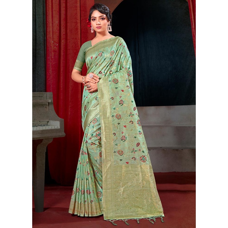 Sea Green Spun Silk Saree With Blouse Piece - JD986581240