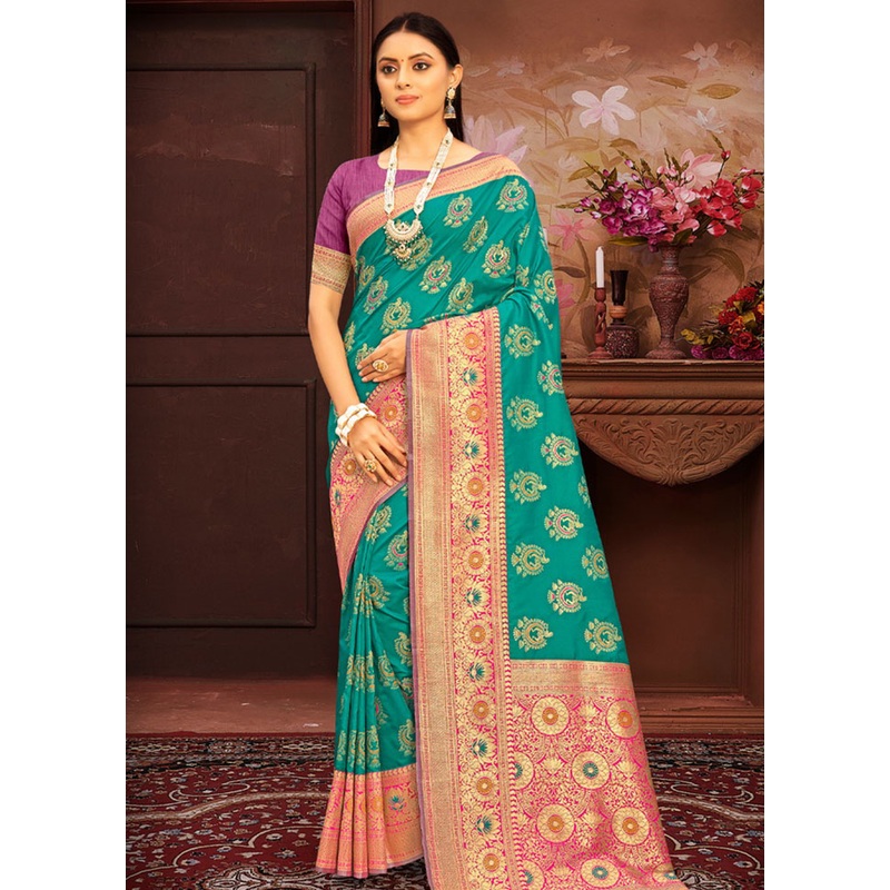 Sea Green Spun Silk Saree With Blouse Piece - JD986581241