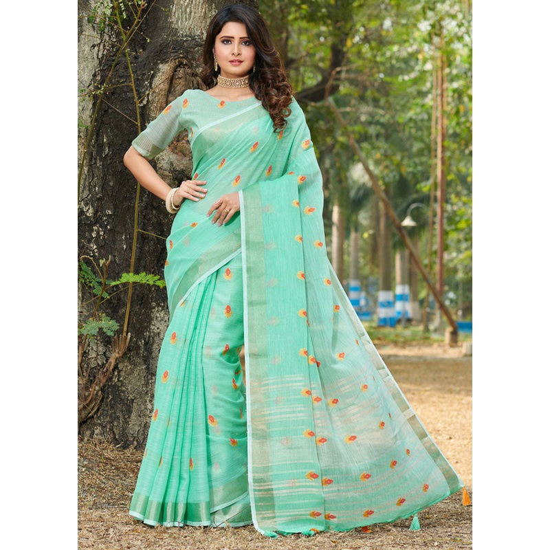 Sea Green Spun Silk Saree With Blouse Piece - JD986581243