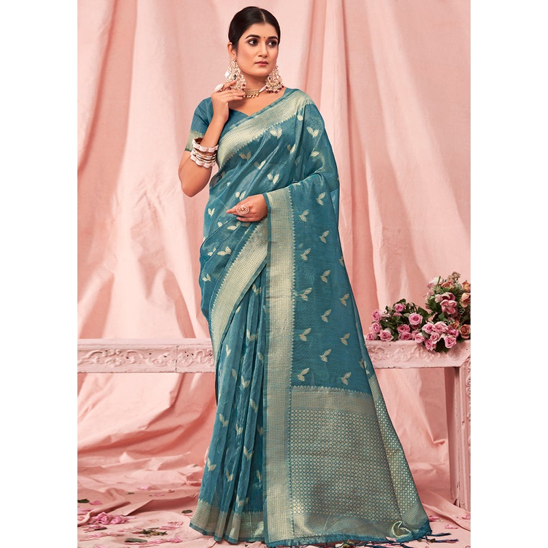 Sky Blue Cotton Saree With Blouse Piece - JD986581245