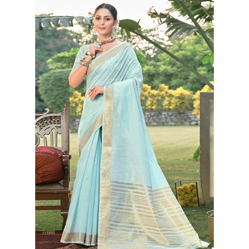 Sky Blue Cotton Saree With Blouse Piece - JD986581247
