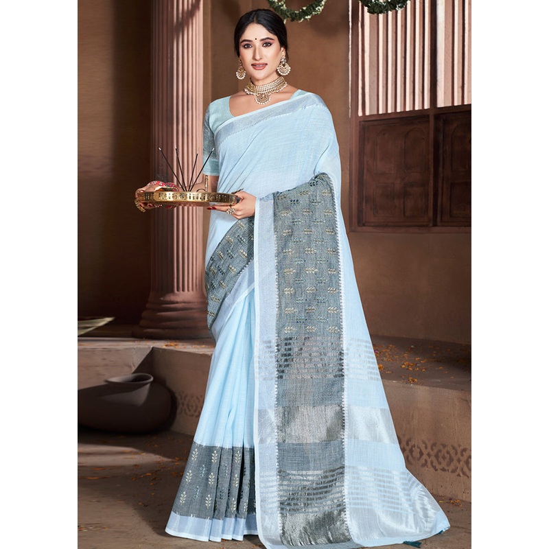Sky Blue Cotton Saree With Blouse Piece - JD986581248