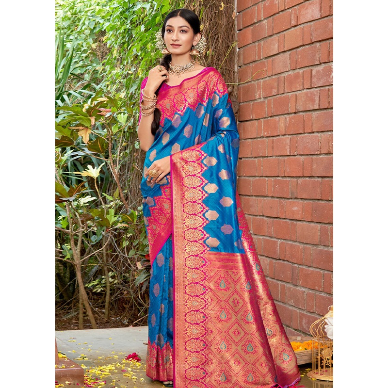 Sky Blue Dupion Silk Saree With Blouse Piece - JD986581249