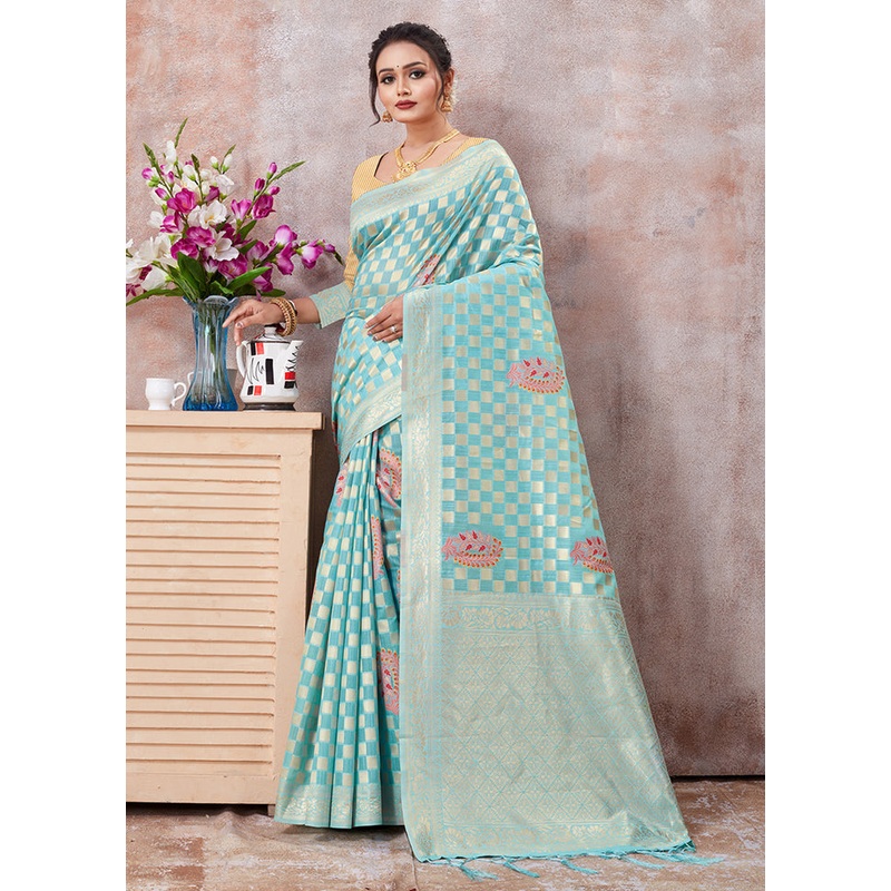 Sky Blue Kota Cotton Saree With Blouse Piece - JD986581253