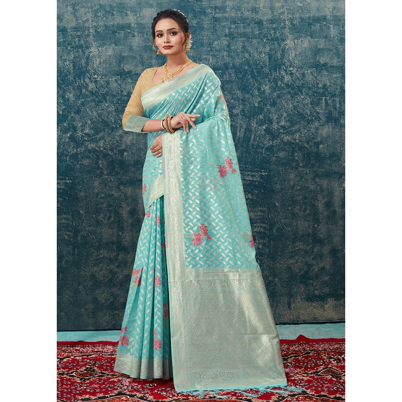 Sky Blue Kota Cotton Saree With Blouse Piece - JD986581254