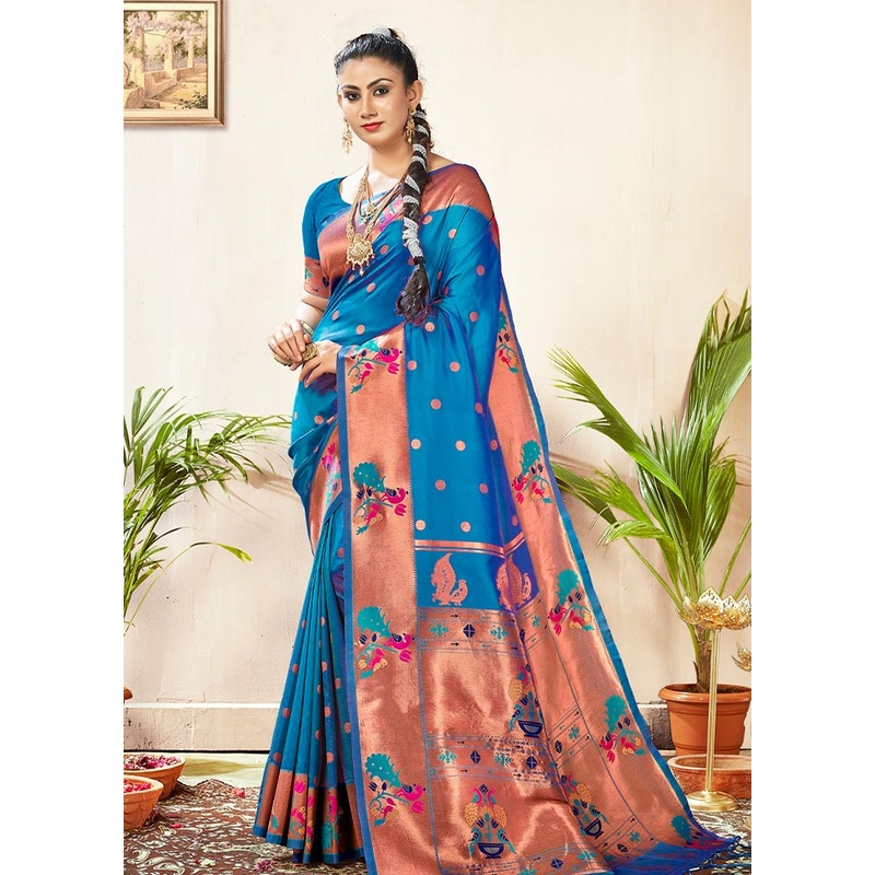 Sky Blue Paithani Silk Saree With Blouse Piece - JD986581256