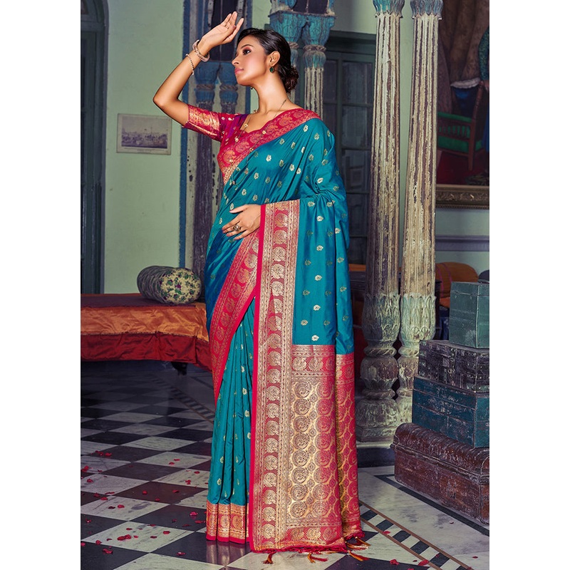 Sky Blue Spun Silk Saree With Blouse Piece - JD986581259