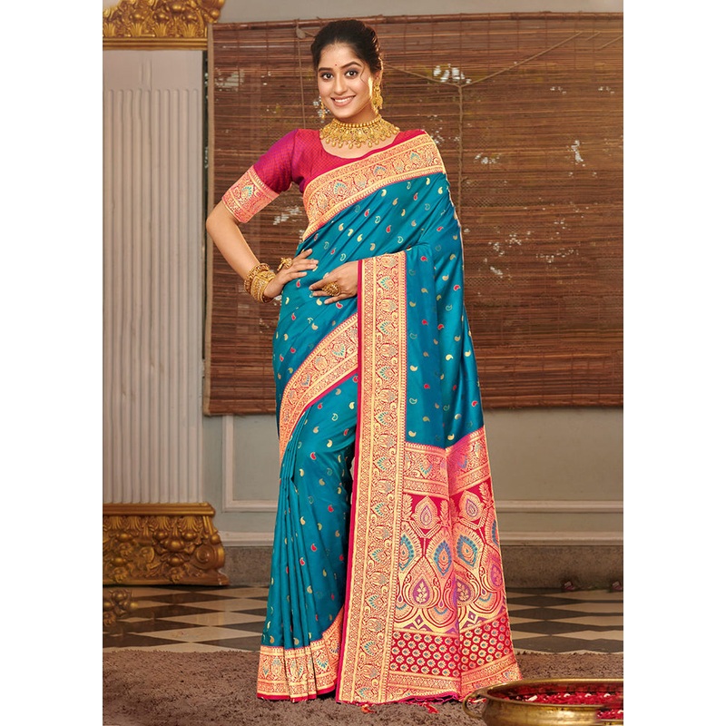 Sky Blue Spun Silk Saree With Blouse Piece - JD986581260
