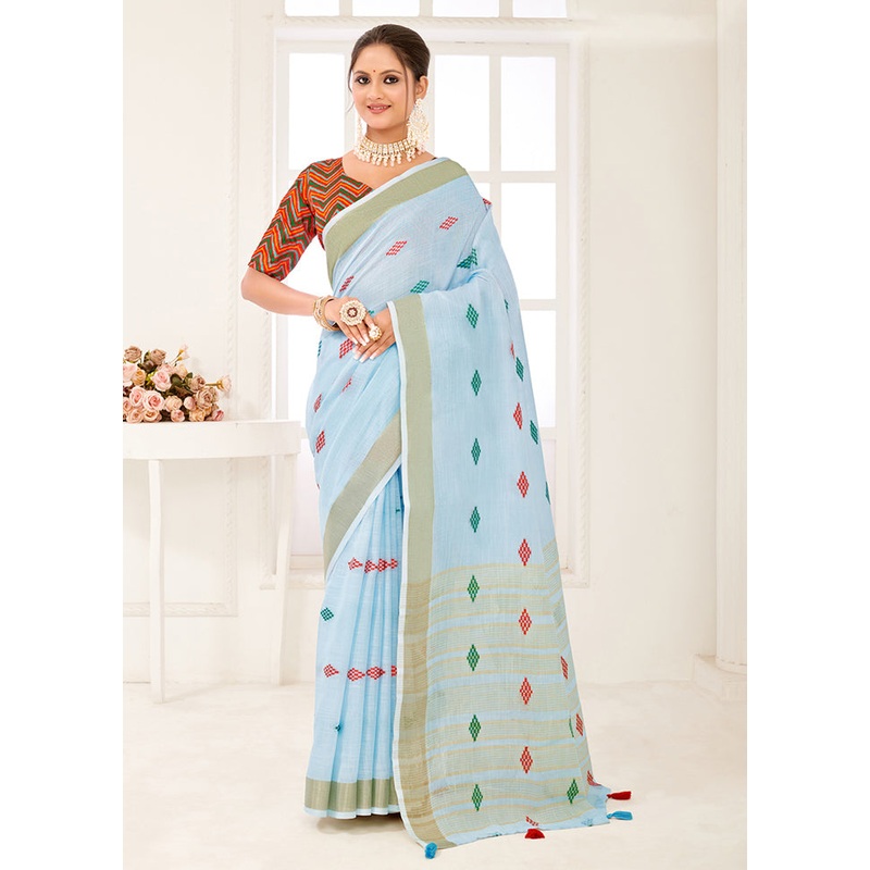 Sky blue Spun Silk Saree With Blouse Piece - JD986581261
