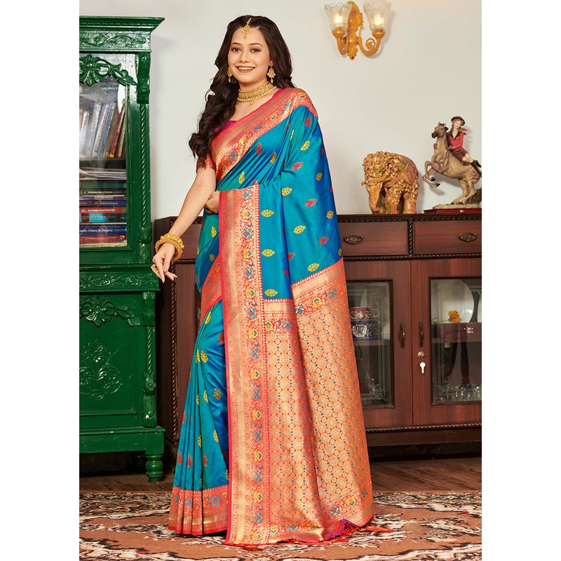 Sky Blue Spun Silk Saree With Blouse Piece - JD986581262