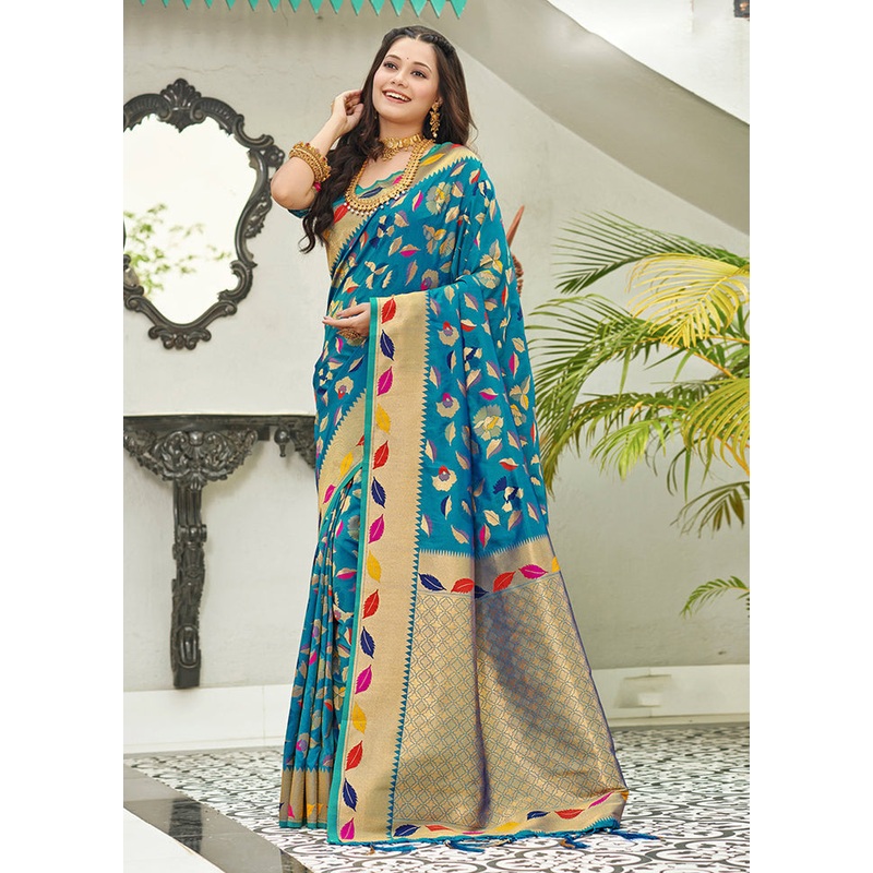 Sky Blue Spun Silk Saree With Blouse Piece - JD986581263
