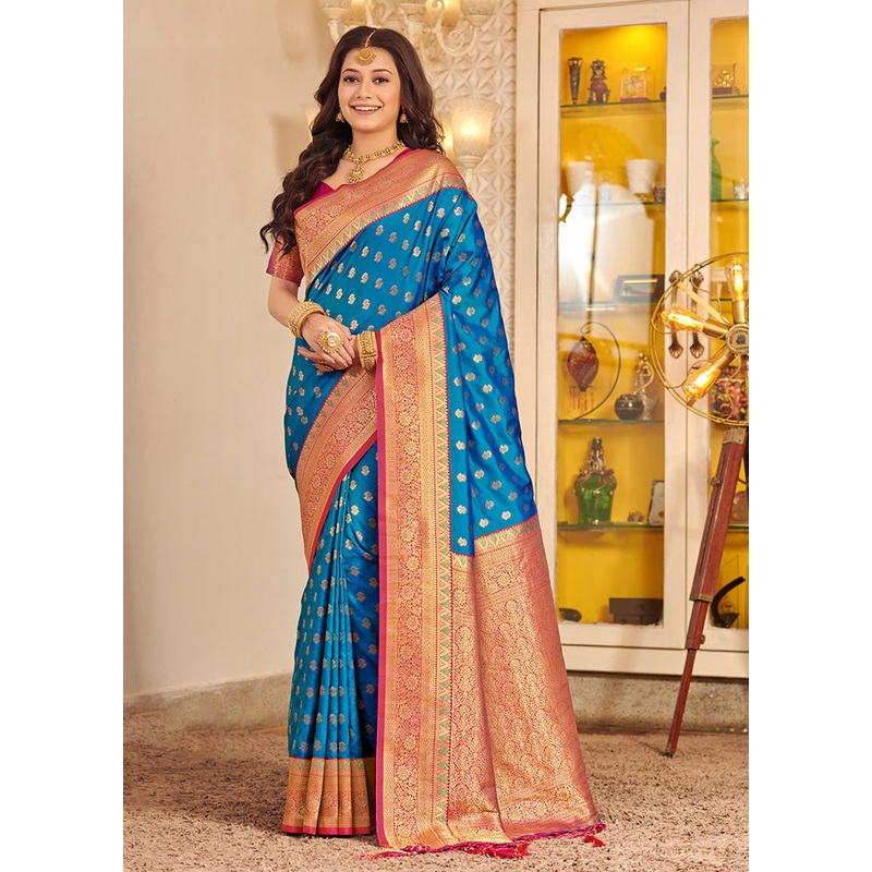 Sky Blue Spun Silk Saree With Blouse Piece - JD986581264