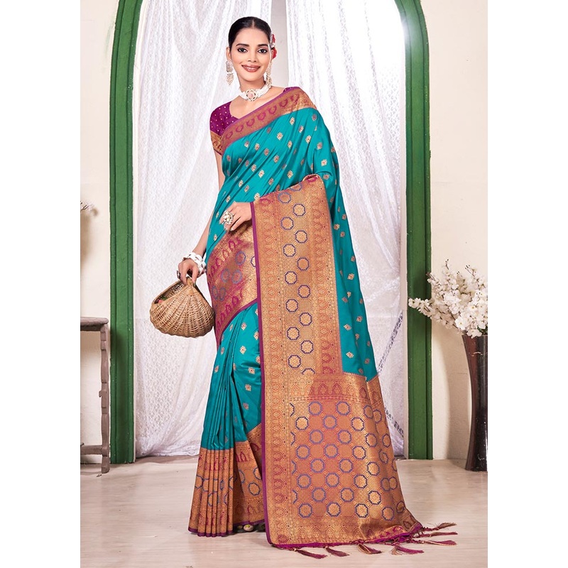 Sky Blue Spun Silk Saree With Blouse Piece - JD986581266