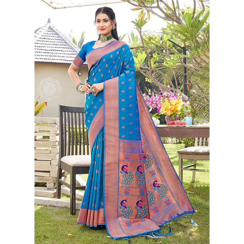 Sky Blue Spun Silk Saree With Blouse Piece - JD986581267