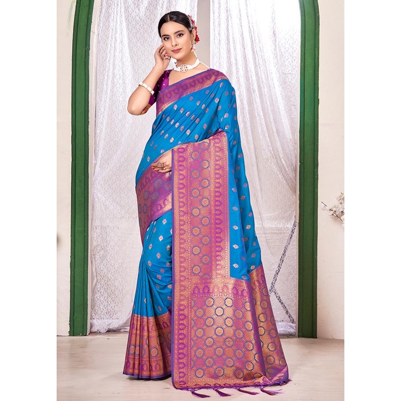 Sky Blue Spun Silk Saree With Blouse Piece - JD986581268
