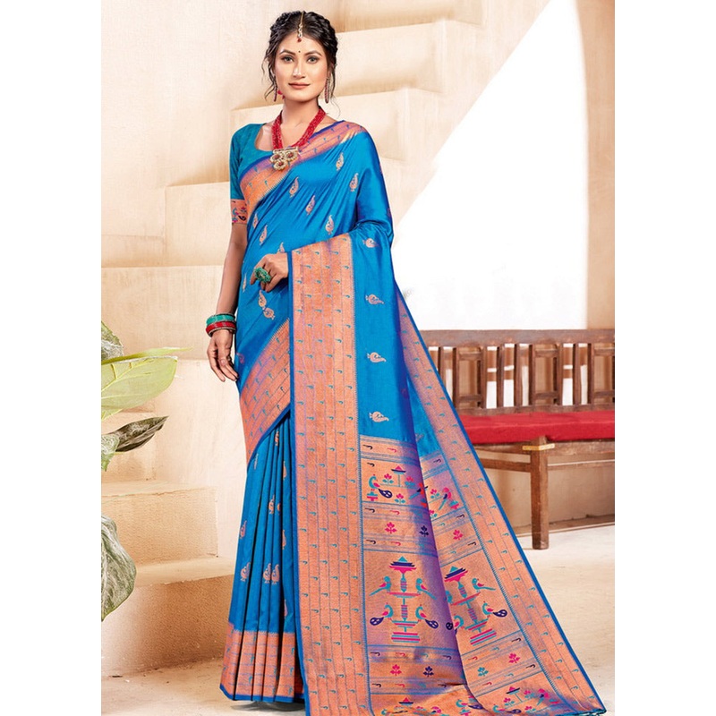 Sky Blue Spun Silk Saree With Blouse Piece - JD986581269