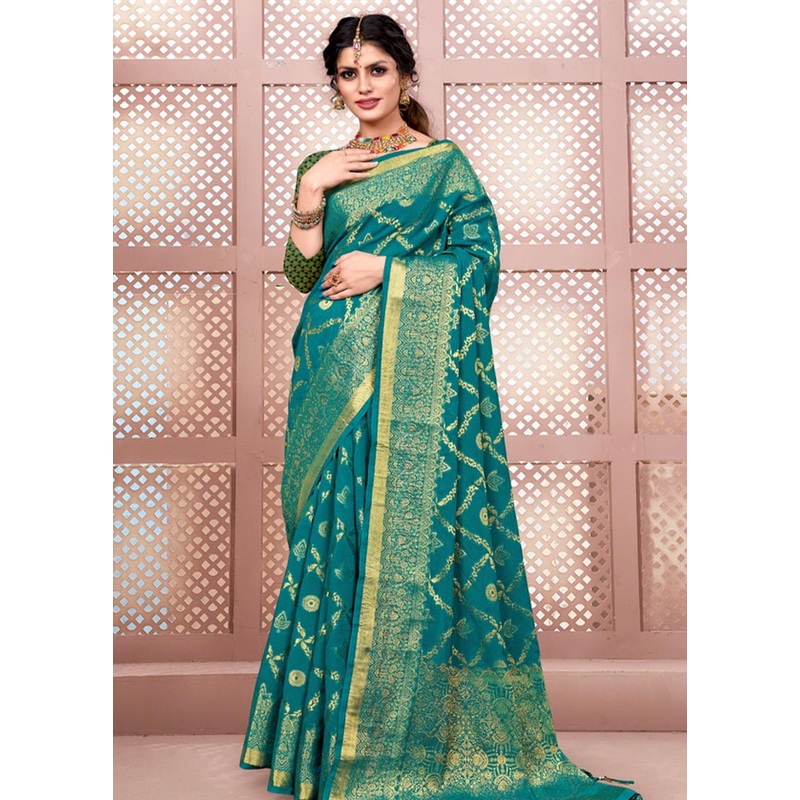 Turquoise Spun Silk Saree With Blouse Piece - JD986581271