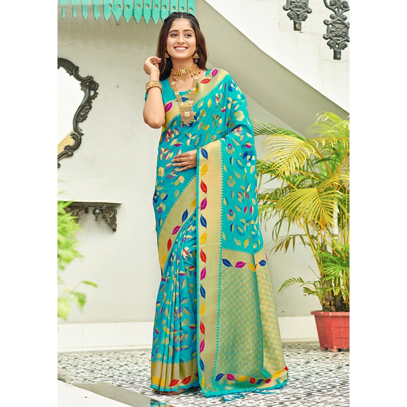 Turquoise Spun Silk Saree With Blouse Piece - JD986581272