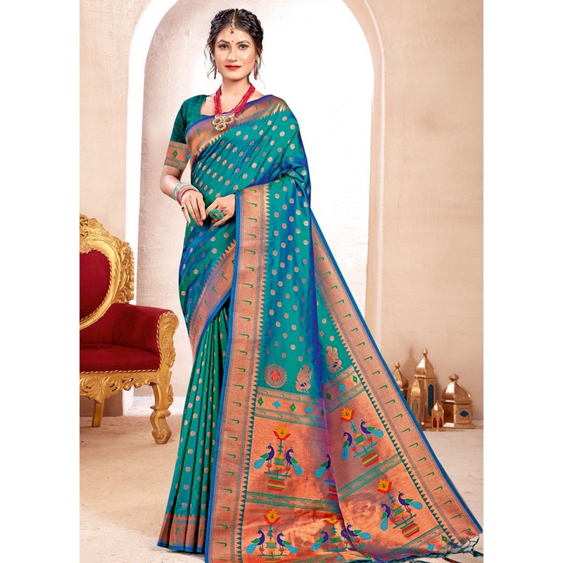 Turquoise Spun Silk Saree With Blouse Piece - JD986581274