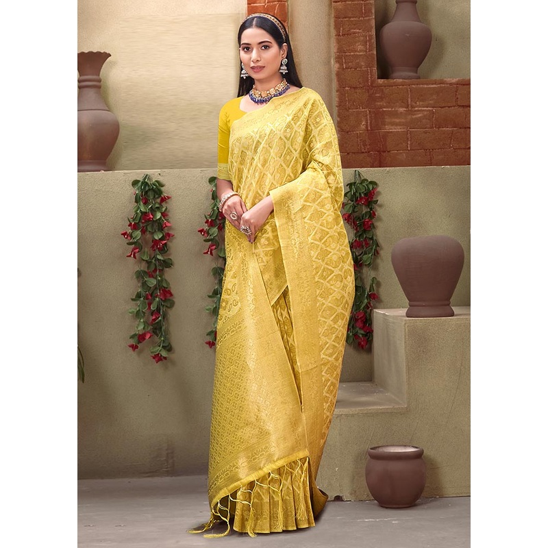 Yellow Cotton Saree With Blouse Piece - JD986581280