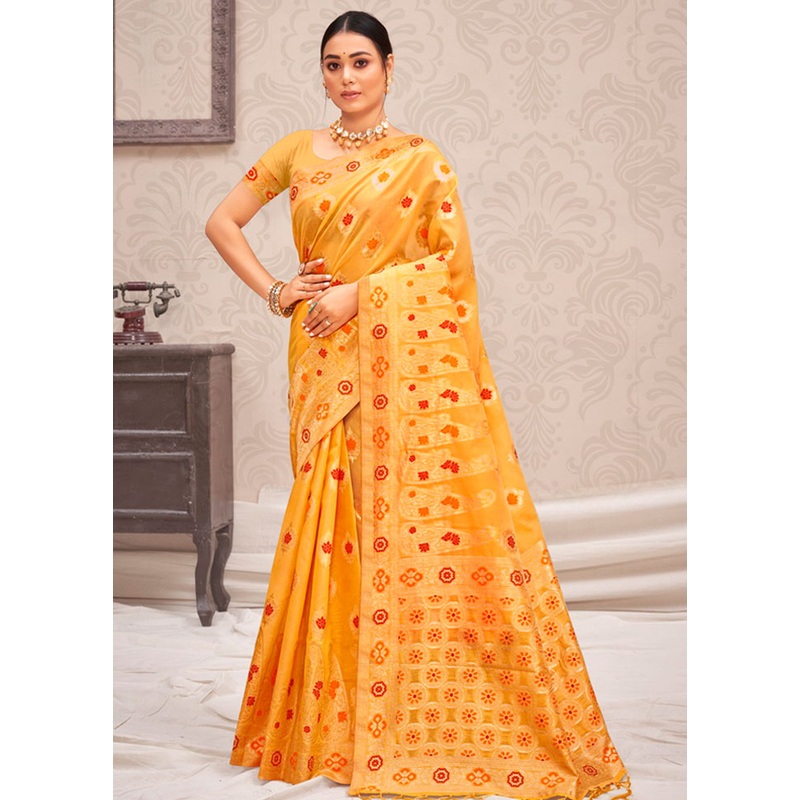 Yellow Cotton Saree With Blouse Piece - JD986581281
