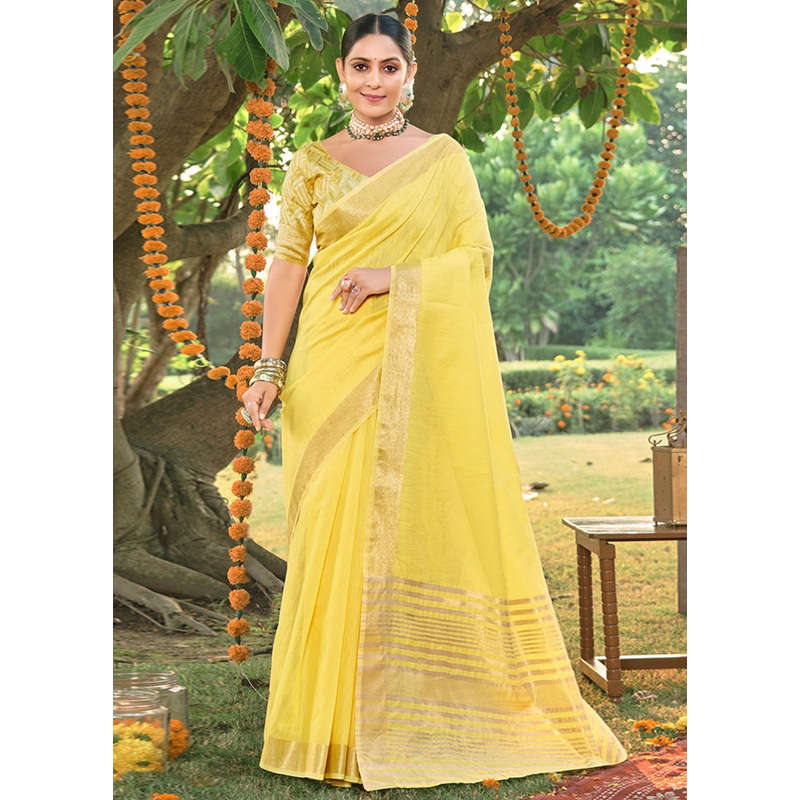 Yellow Cotton Saree With Blouse Piece - JD986581282
