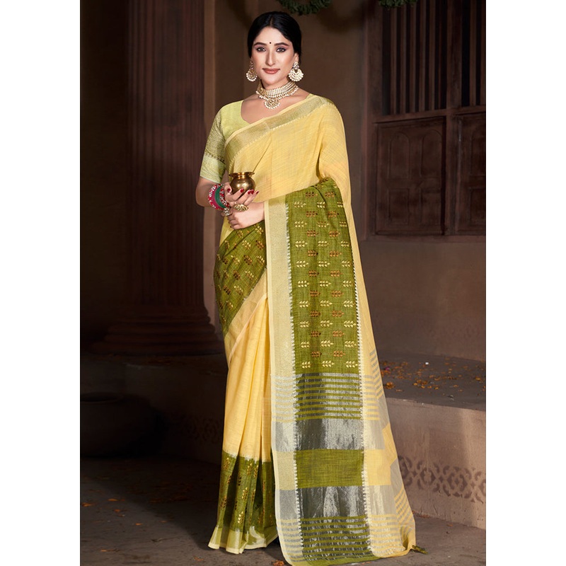 Yellow Cotton Saree With Blouse Piece - JD986581283