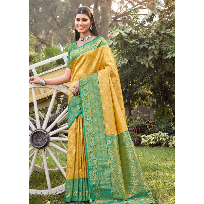 Yellow Dupion Silk Saree With Blouse Piece - JD986581284