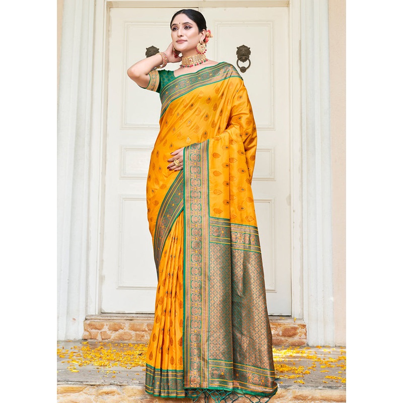 Yellow Dupion Silk Saree With Blouse Piece - JD986581285
