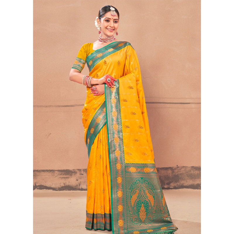 Yellow Dupion Silk Saree With Blouse Piece - JD986581286