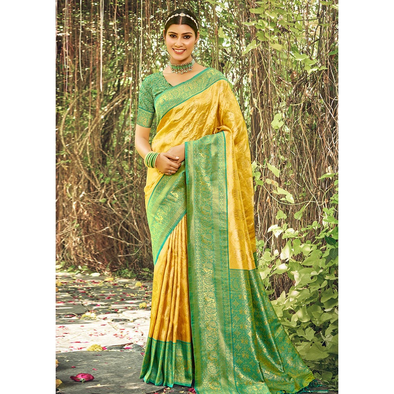 Yellow Dupion Silk Saree With Blouse Piece - JD986581287