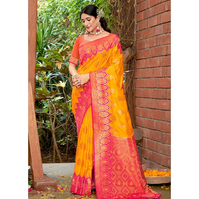Yellow Dupion Silk Saree With Blouse Piece - JD986581288