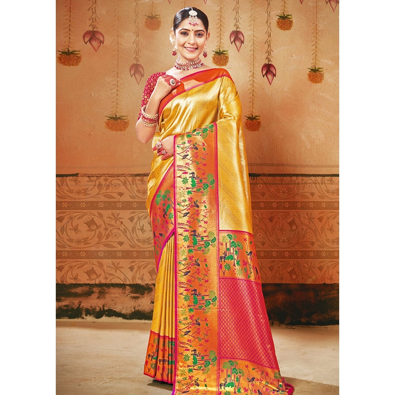 Yellow Dupion Silk Saree With Blouse Piece - JD986581289