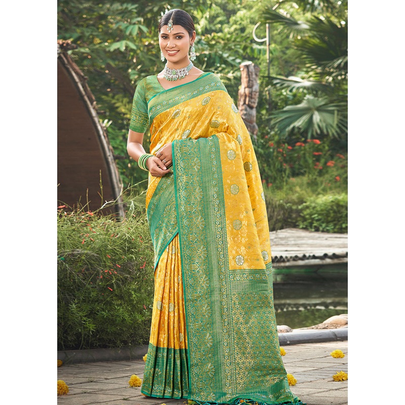 Yellow Dupion Silk Saree With Blouse Piece - JD986581290