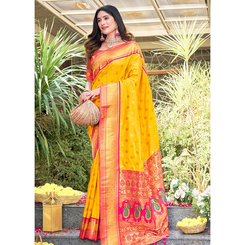 Yellow Dupion Silk Saree With Blouse Piece - JD986581291