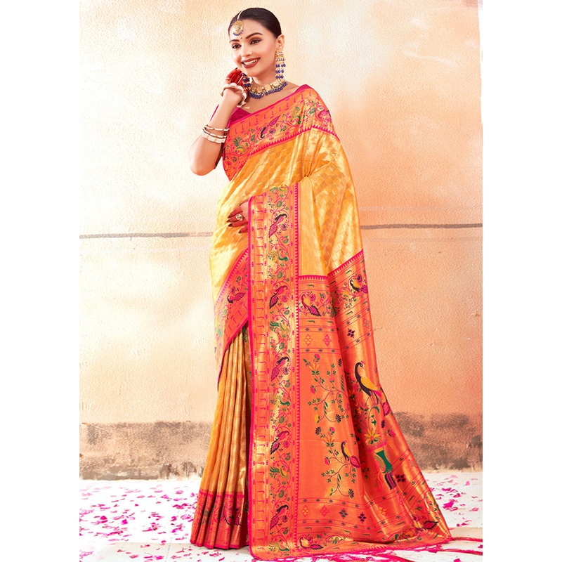 Yellow Dupion Silk Saree With Blouse Piece - JD986581292