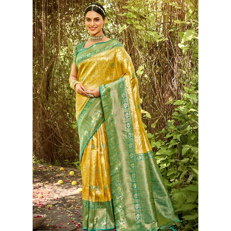 Yellow Dupion Silk Saree With Blouse Piece - JD986581293