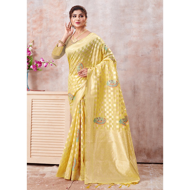 Yellow Kota Cotton Saree With Blouse Piece - JD986581294