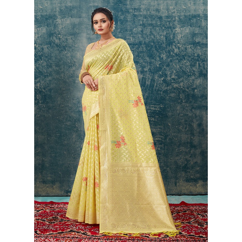 Yellow Kota Cotton Saree With Blouse Piece - JD986581295