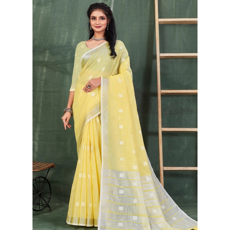 Yellow Linen Silk Saree With Blouse Piece - JD986581297