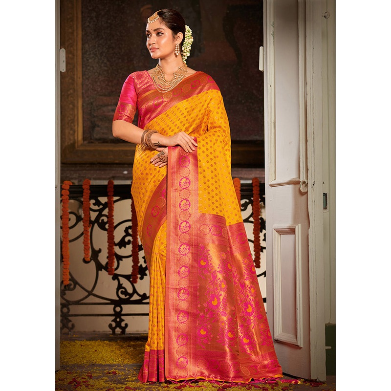 Yellow Spun Silk Saree With Blouse Piece - JD986581296
