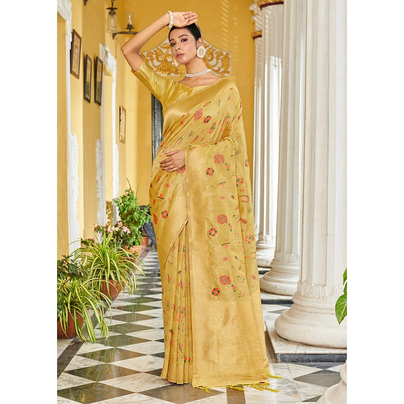 Yellow Spun Silk Saree With Blouse Piece - JD986581298
