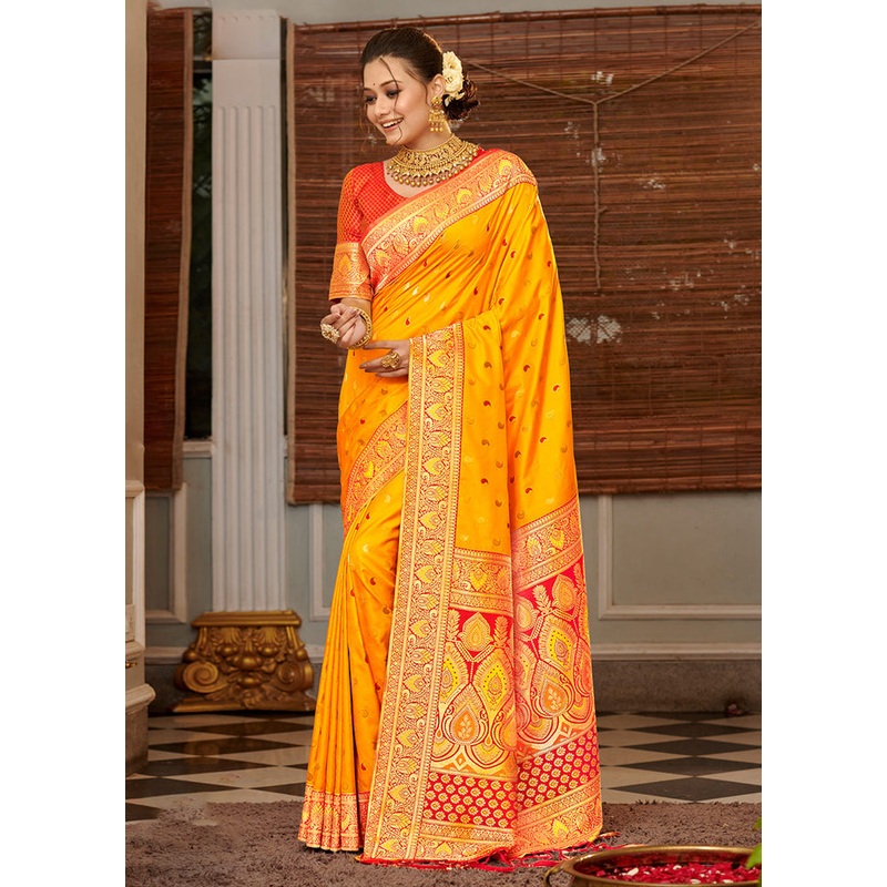 Yellow Spun Silk Saree With Blouse Piece - JD986581300