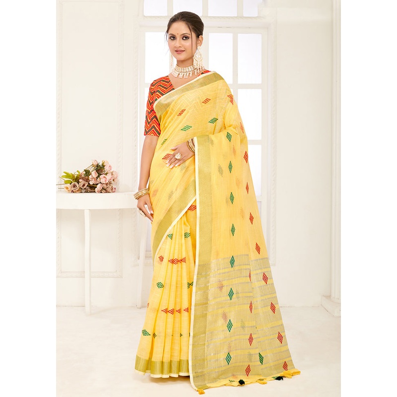 Yellow Spun Silk Saree With Blouse Piece - JD986581301